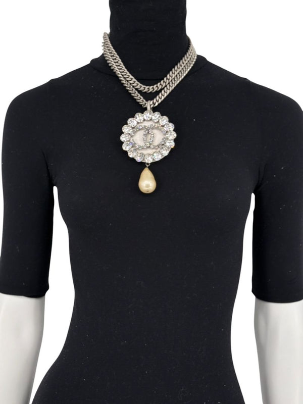 Chanel Fall 2000 Crystal CC Pearl Drop Medallion Necklace on Gunmetal Chain