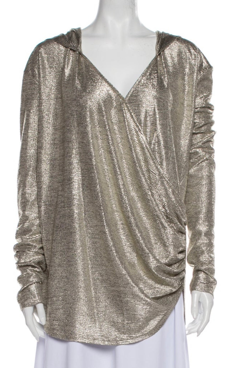 Balmain Silver Metallic Draped Hooded Top – Size M (US 8 / FR 40)
