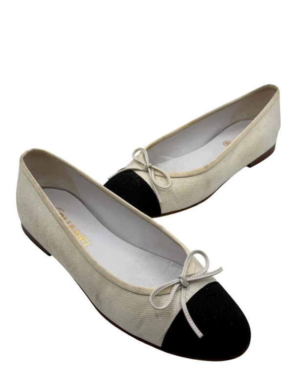 Chanel Ivory Canvas Ballet Flats with Black Cap Toe – Size 39