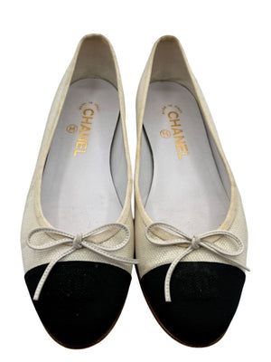 Chanel Ivory Canvas Ballet Flats with Black Cap Toe – Size 39