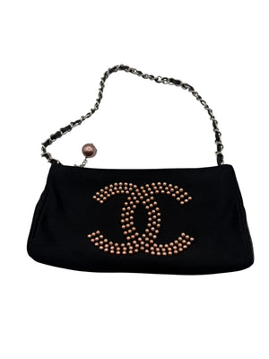 Chanel Black Satin Baguette Pochette Beaded Shoulder Bag