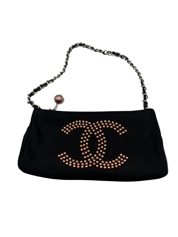 Chanel Black Satin Baguette Pochette Beaded Shoulder Bag