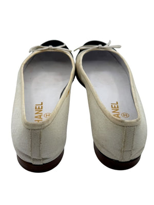 Chanel Ivory Canvas Ballet Flats with Black Cap Toe – Size 39