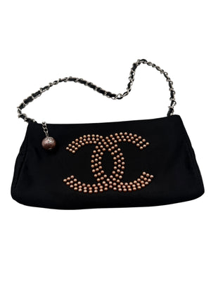 Chanel Black Satin Baguette Pochette Beaded Shoulder Bag