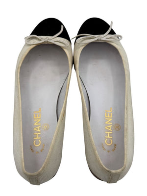 Chanel Ivory Canvas Ballet Flats with Black Cap Toe – Size 39