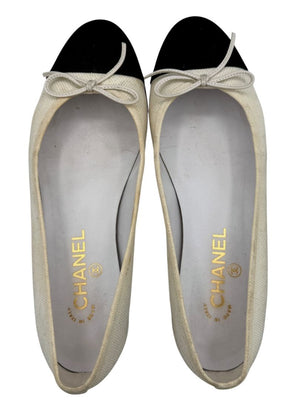 Chanel Ivory Canvas Ballet Flats with Black Cap Toe – Size 39