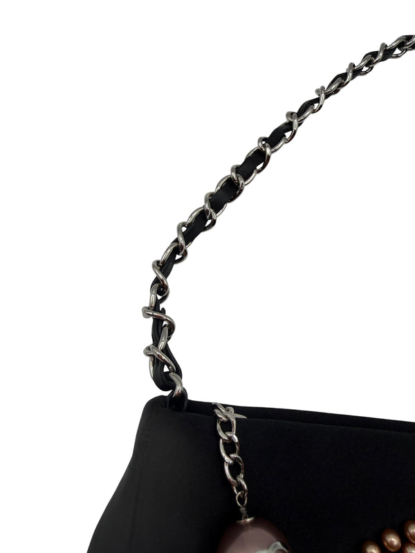 Chanel Black Satin Baguette Pochette Beaded Shoulder Bag