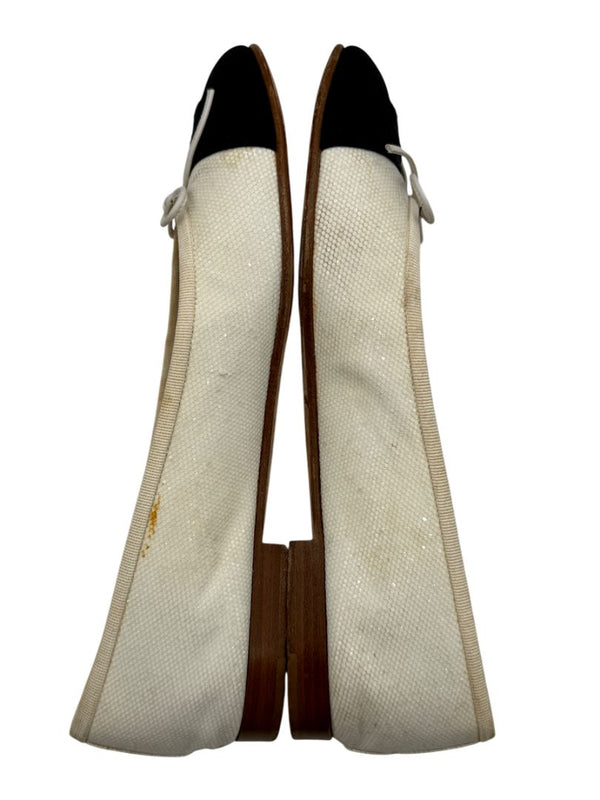 Chanel Ivory Canvas Ballet Flats with Black Cap Toe – Size 39