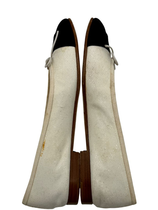 Chanel Ivory Canvas Ballet Flats with Black Cap Toe – Size 39