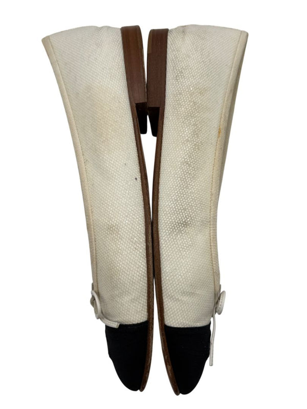 Chanel Ivory Canvas Ballet Flats with Black Cap Toe – Size 39