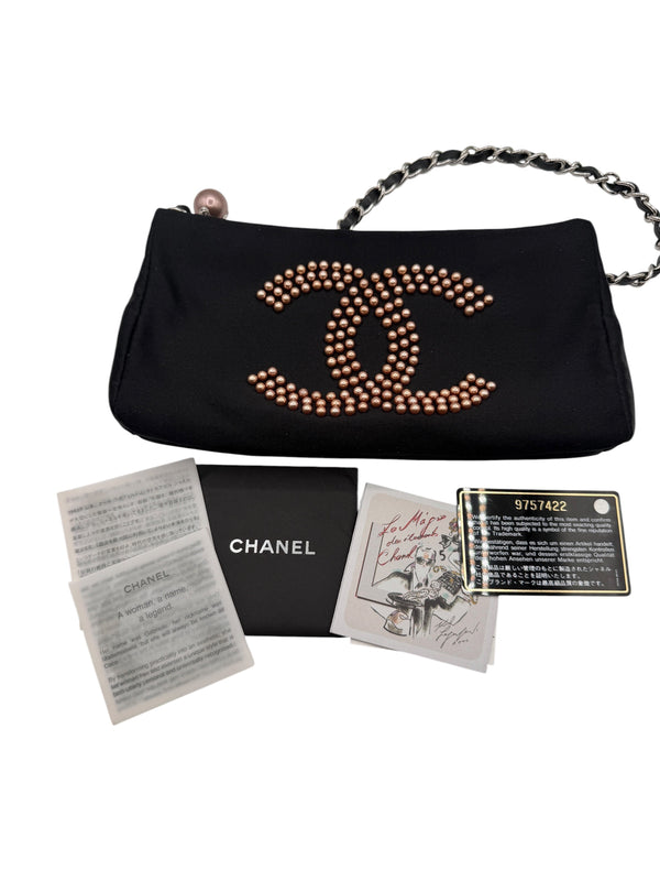 Chanel Black Satin Baguette Pochette Beaded Shoulder Bag