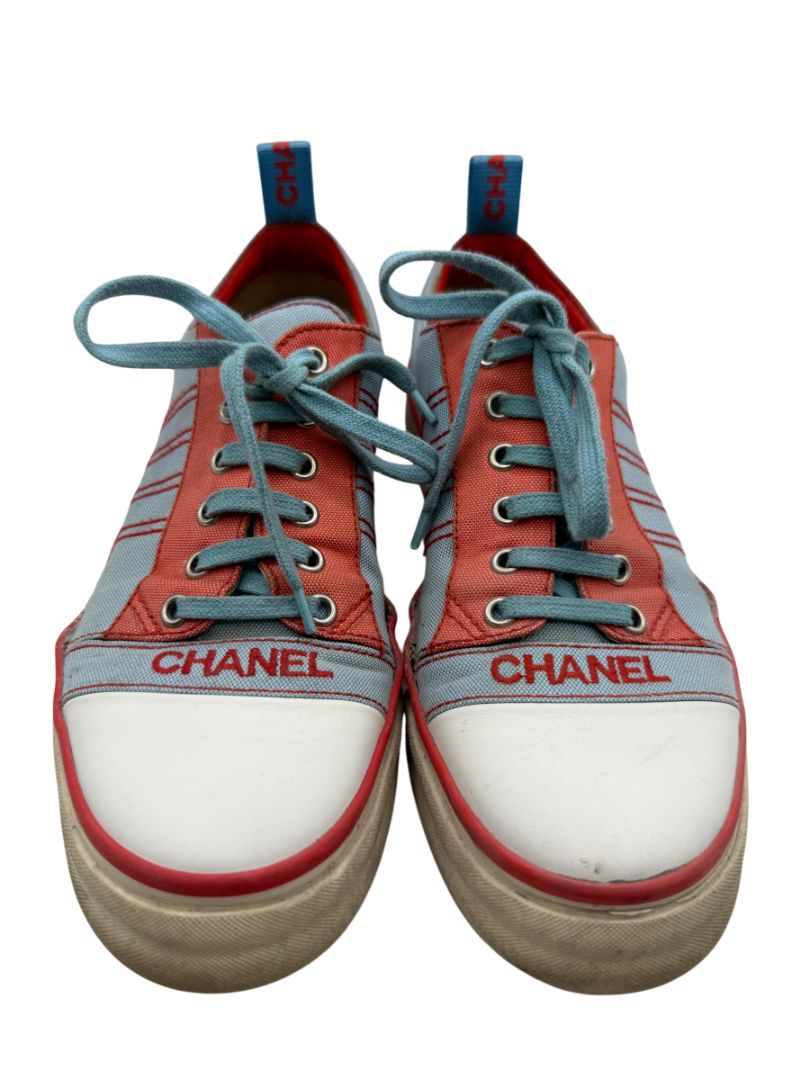 Chanel Blue & Coral Canvas Lace-Up Sneakers – Size 40