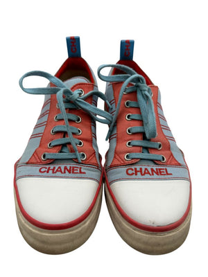 Chanel Blue & Coral Canvas Lace-Up Sneakers – Size 40