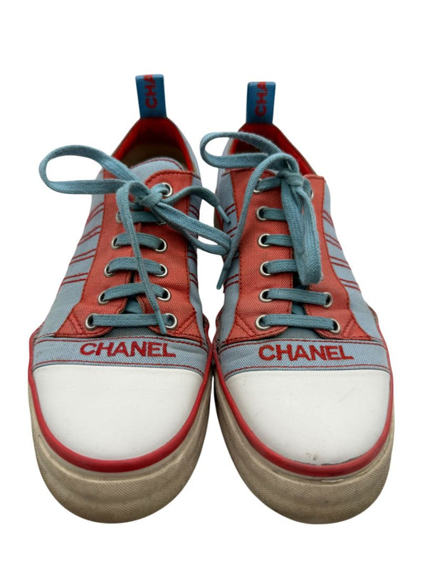 Chanel Blue & Coral Canvas Lace-Up Sneakers – Size 40