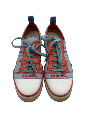 Chanel Blue & Coral Canvas Lace-Up Sneakers – Size 40