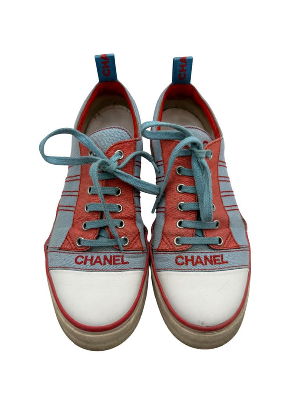 Chanel Blue & Coral Canvas Lace-Up Sneakers – Size 40