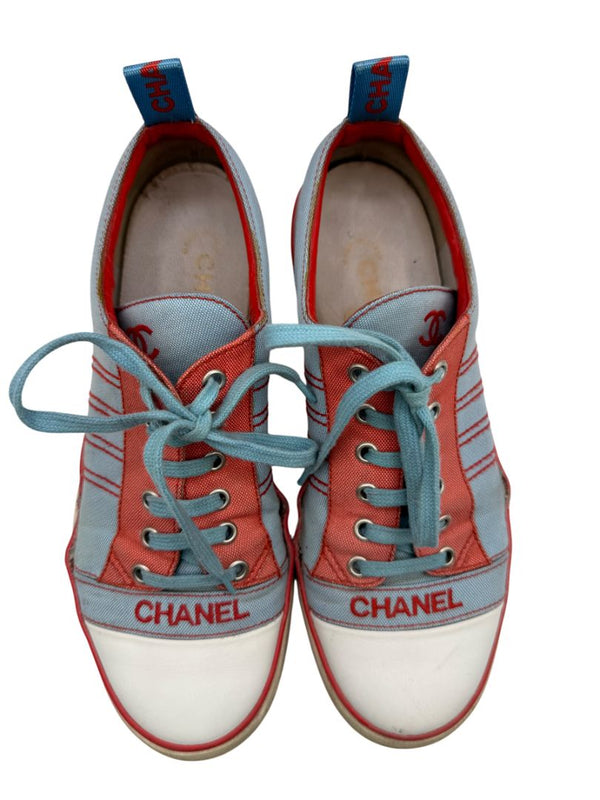Chanel Blue & Coral Canvas Lace-Up Sneakers – Size 40