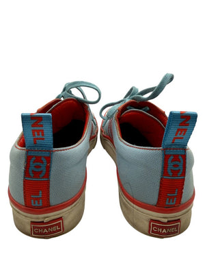 Chanel Blue & Coral Canvas Lace-Up Sneakers – Size 40