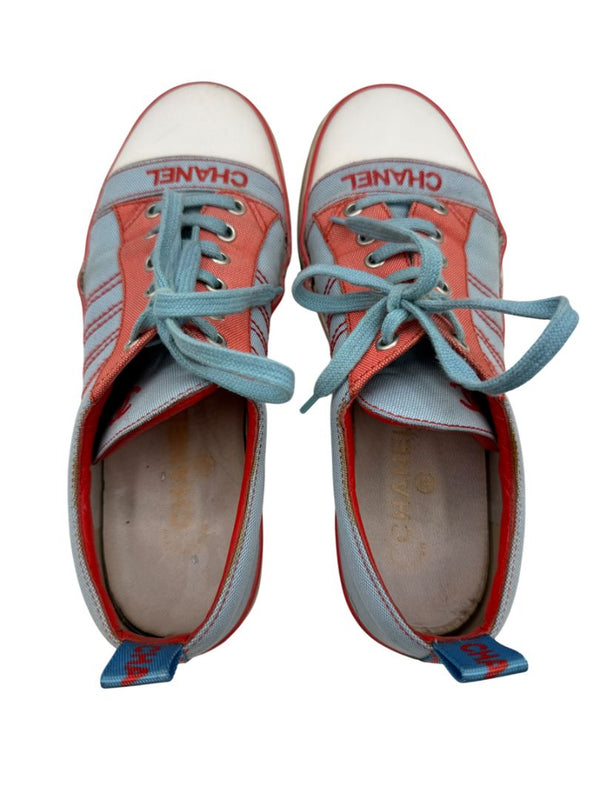 Chanel Blue & Coral Canvas Lace-Up Sneakers – Size 40