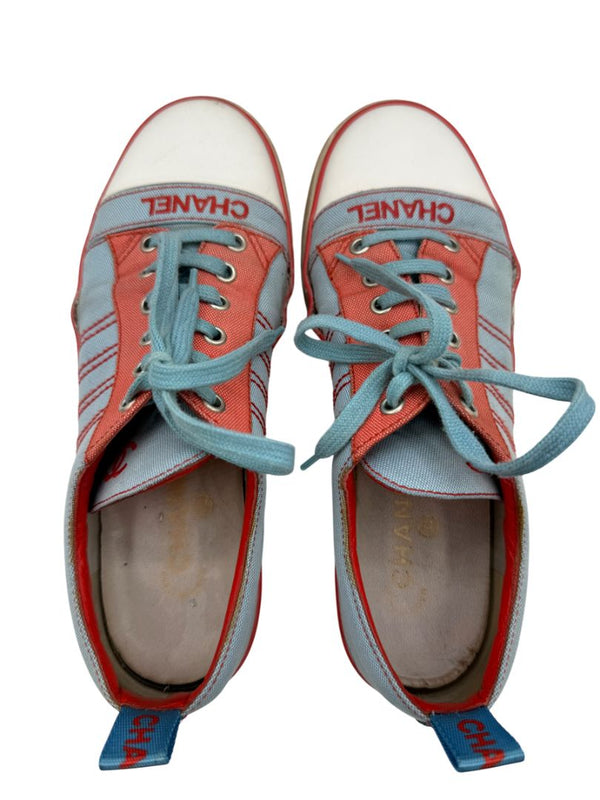 Chanel Blue & Coral Canvas Lace-Up Sneakers – Size 40
