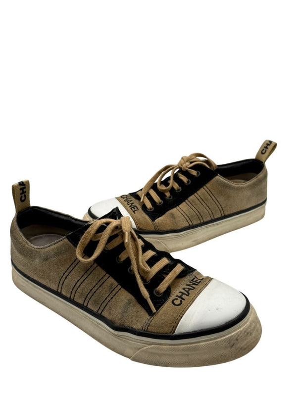 Chanel Tan & Black Suede Logo Lace-Up Sneakers – Size 40