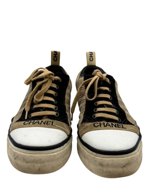 Chanel Tan & Black Suede Logo Lace-Up Sneakers – Size 40