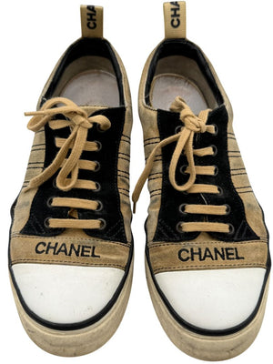 Chanel Tan & Black Suede Logo Lace-Up Sneakers – Size 40