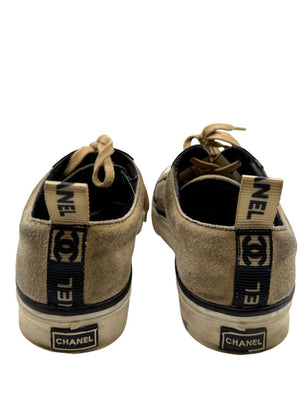 Chanel Tan & Black Suede Logo Lace-Up Sneakers – Size 40