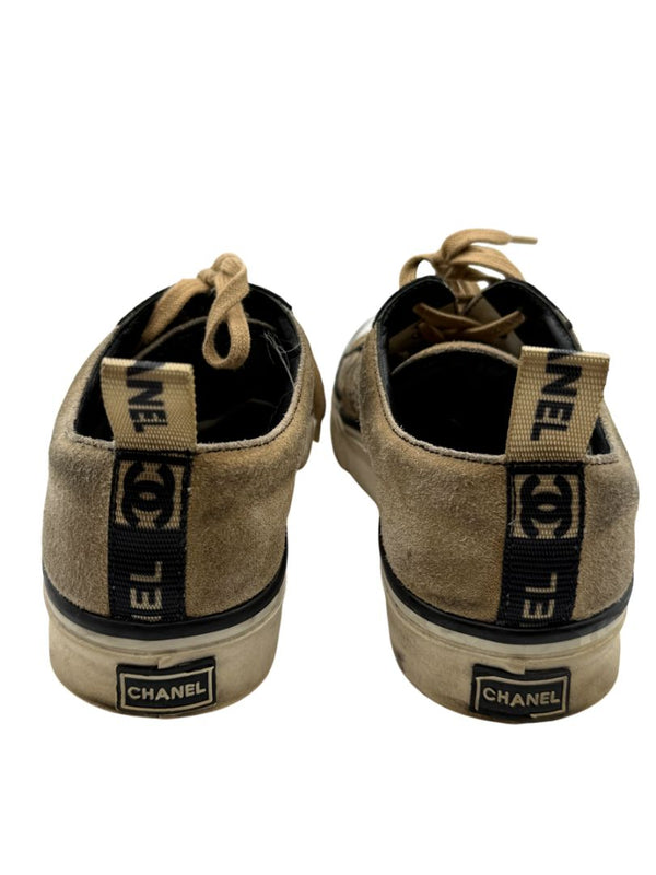 Chanel Tan & Black Suede Logo Lace-Up Sneakers – Size 40