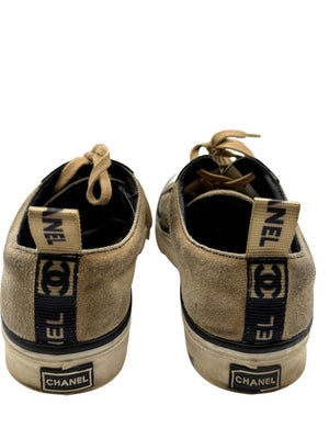 Chanel Tan & Black Suede Logo Lace-Up Sneakers – Size 40
