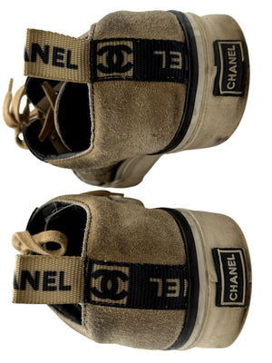 Chanel Tan & Black Suede Logo Lace-Up Sneakers – Size 40