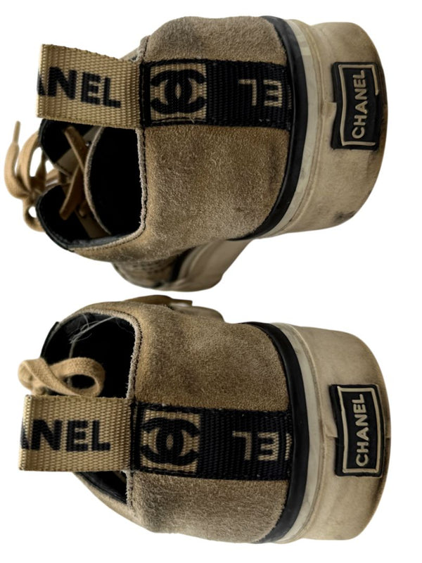 Chanel Tan & Black Suede Logo Lace-Up Sneakers – Size 40