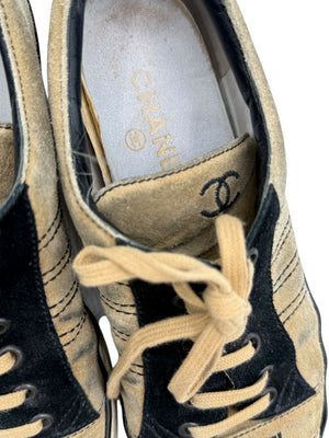 Chanel Tan & Black Suede Logo Lace-Up Sneakers – Size 40