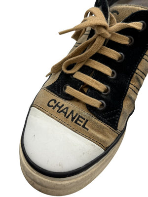 Chanel Tan & Black Suede Logo Lace-Up Sneakers – Size 40