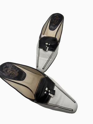 Tod's Black White Leather Tassel Mule Pumps Square Toe Heels EU 36.5 Italy