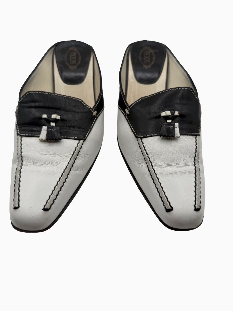 Tod's Black White Leather Tassel Mule Pumps Square Toe Heels EU 36.5 Italy