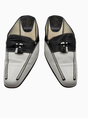 Tod's Black White Leather Tassel Mule Pumps Square Toe Heels EU 36.5 Italy