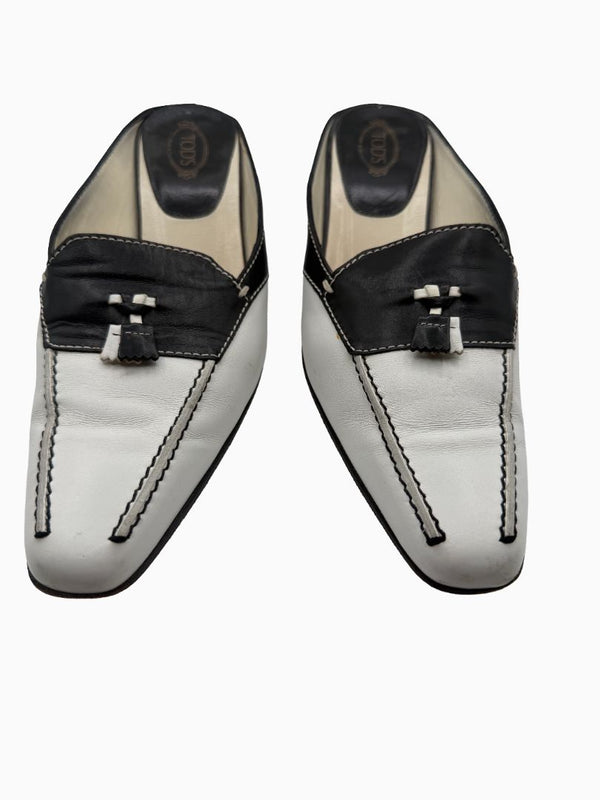 Tod's Black White Leather Tassel Mule Pumps Square Toe Heels EU 36.5 Italy