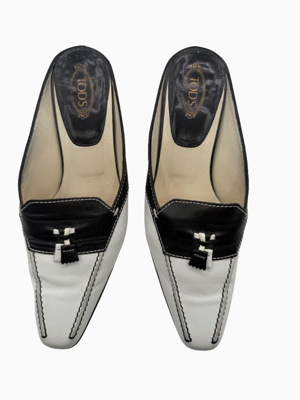 Tod's Black White Leather Tassel Mule Pumps Square Toe Heels EU 36.5 Italy
