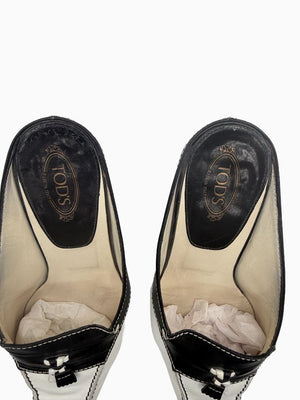 Tod's Black White Leather Tassel Mule Pumps Square Toe Heels EU 36.5 Italy
