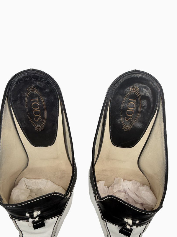 Tod's Black White Leather Tassel Mule Pumps Square Toe Heels EU 36.5 Italy