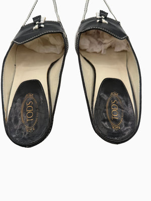 Tod's Black White Leather Tassel Mule Pumps Square Toe Heels EU 36.5 Italy