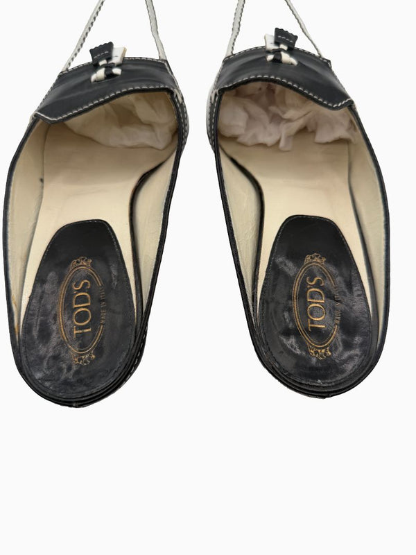 Tod's Black White Leather Tassel Mule Pumps Square Toe Heels EU 36.5 Italy