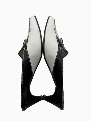 Tod's Black White Leather Tassel Mule Pumps Square Toe Heels EU 36.5 Italy