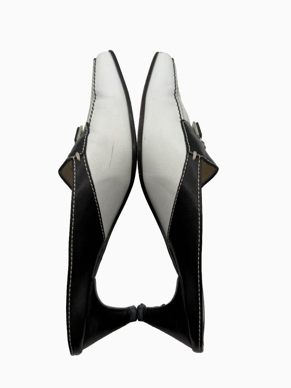 Tod's Black White Leather Tassel Mule Pumps Square Toe Heels EU 36.5 Italy
