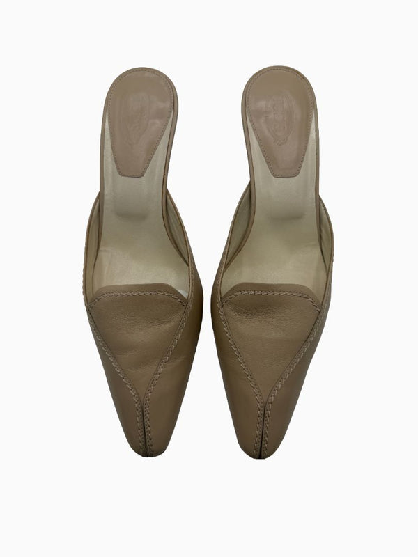 Tod's Beige Leather Pointed Toe Mule Pumps Slip On Heels EU 36.5 Italy