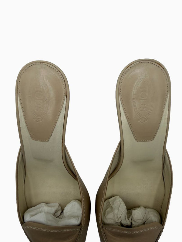 Tod's Beige Leather Pointed Toe Mule Pumps Slip On Heels EU 36.5 Italy