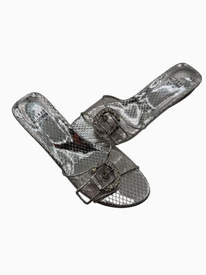 Stuart Weitzman Silver Metallic Crystal Buckle Slide Sandals Block Heel Size 9M
