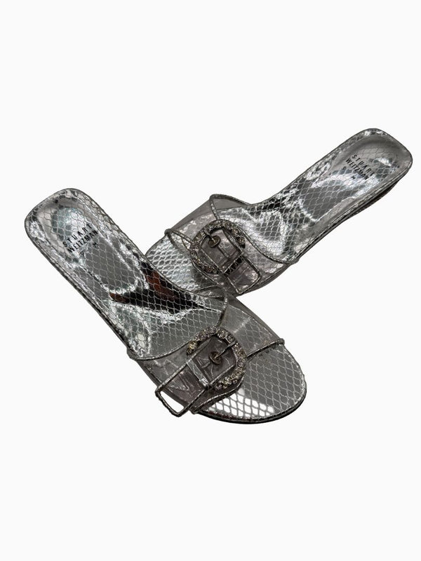 Stuart Weitzman Silver Metallic Crystal Buckle Slide Sandals Block Heel Size 9M