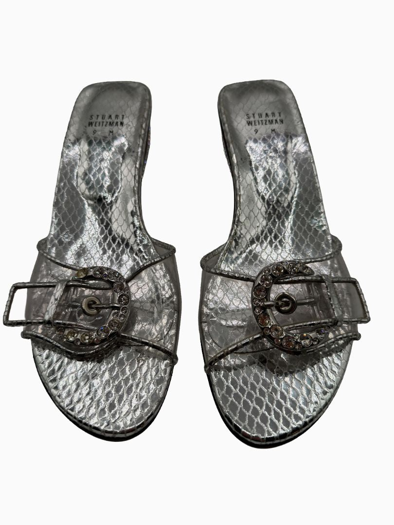Stuart Weitzman Silver Metallic Crystal Buckle Slide Sandals Block Heel Size 9M
